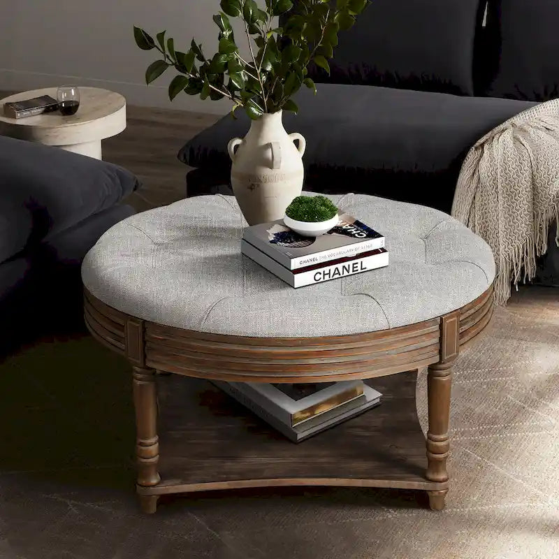 Round Storage Ottoman Coffee Table with Tufted Seat and Wooden Base - image 1