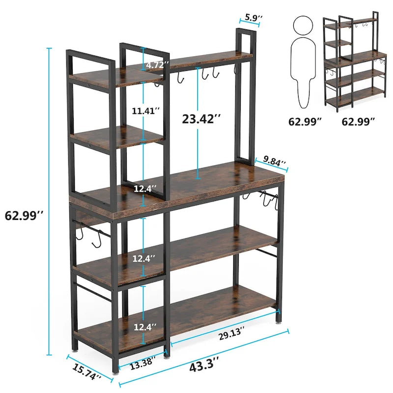 43-Inch Kitchen Bakers Rack with Microwave Stand - 5-Tier Utility Storage Shelf and 10 Hooks for Kitchen and Living Room - image 10