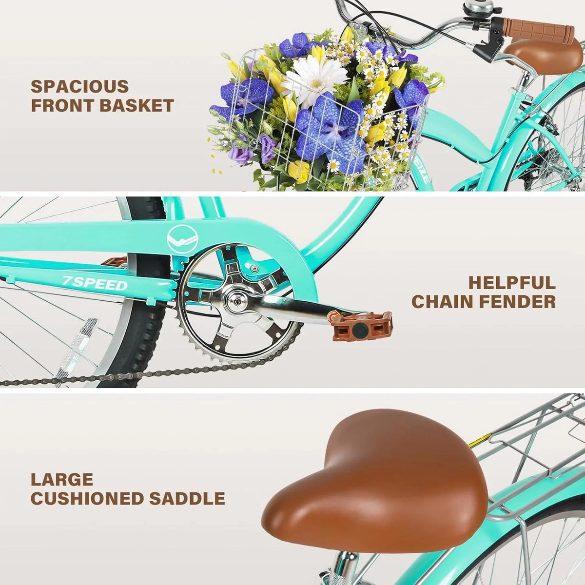 WEIZE Beach Cruiser Bike, 26 inch Commuter Bicycle for Adult Men and Women, 7-Speed/High-Carbon Steel/Front & Rear Fenders, Comfortable City Bikes with Rear Rack or Basket, Ergonomic Upright Design - image 19