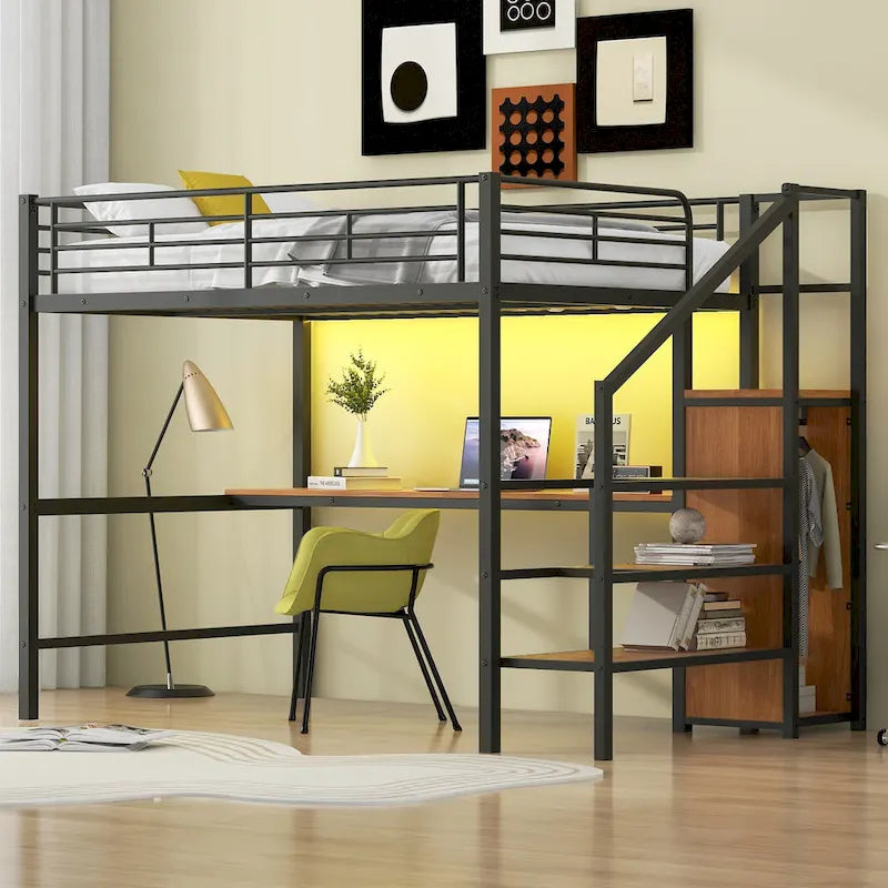 Complete Loft Bed Set with Desk, Storage Staircase, Compact Wardrobe, and LED Lighting - image 1
