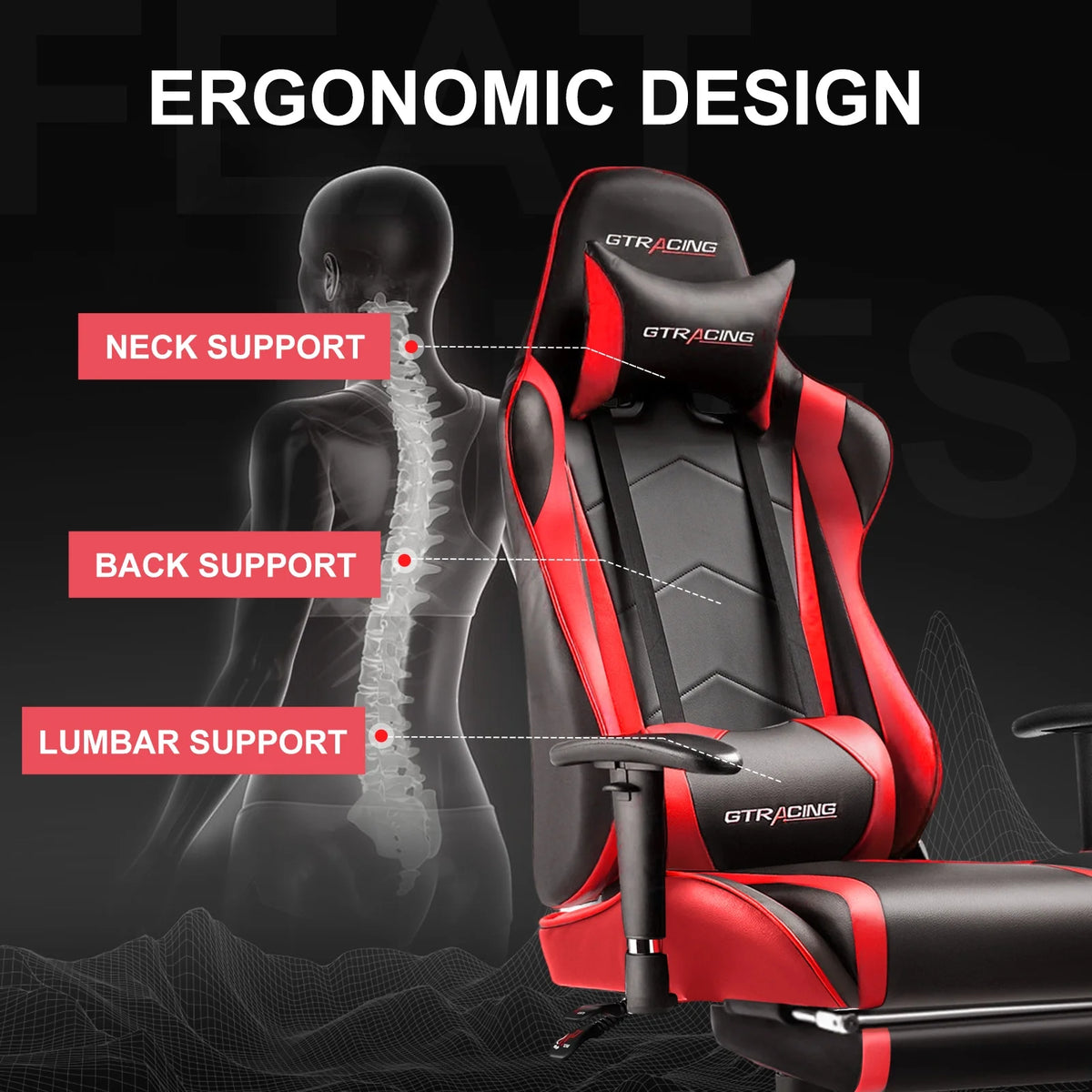 GTRACING Gaming Chair, Ergonomic Office Desk Chair with Lumbar Support, PU Leather, Footrest & Adjustable Headrest, Red - image 14
