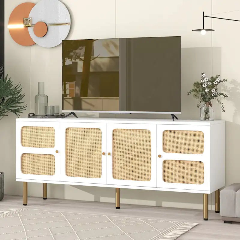 Bohemian Country Wood and Rattan TV Stand Media Console Storage Cabinet - Dimensions: 16.9" x 64.9" x 28.3" - image 4