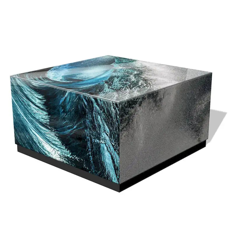 Sapphire Sea Beveled Art Glass Cocktail Table with Black Plinth Base - Reverse Printed Design - image 2