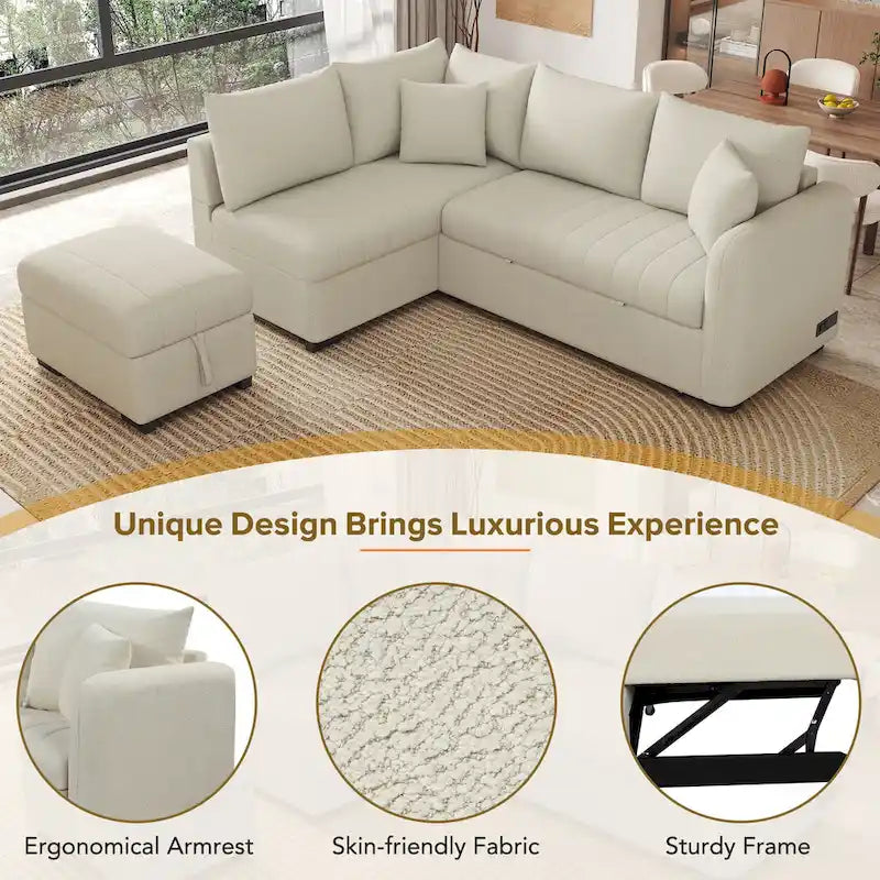 82.6" L-Shaped Sectional Sofa Bed with Pull-Out Feature, USB Ports, Power Sockets, and Movable Storage Ottoman - Bei - image 11