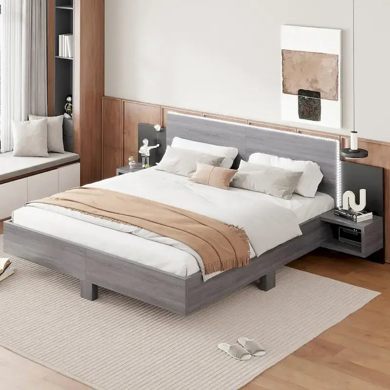 Modern King Size Wooden Floating Bed Frame with Nightstand and LED - Slatted Support Design - image 14