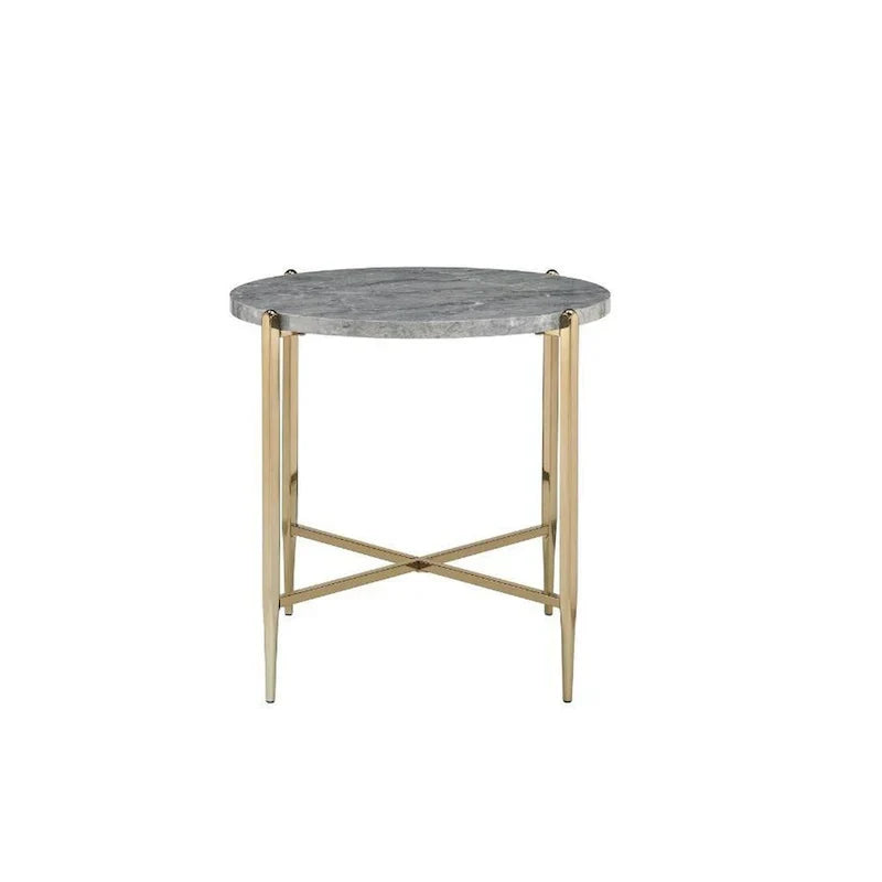 Gray and Gold End Table with Oval Marble Top and X-Shaped Base - image 2