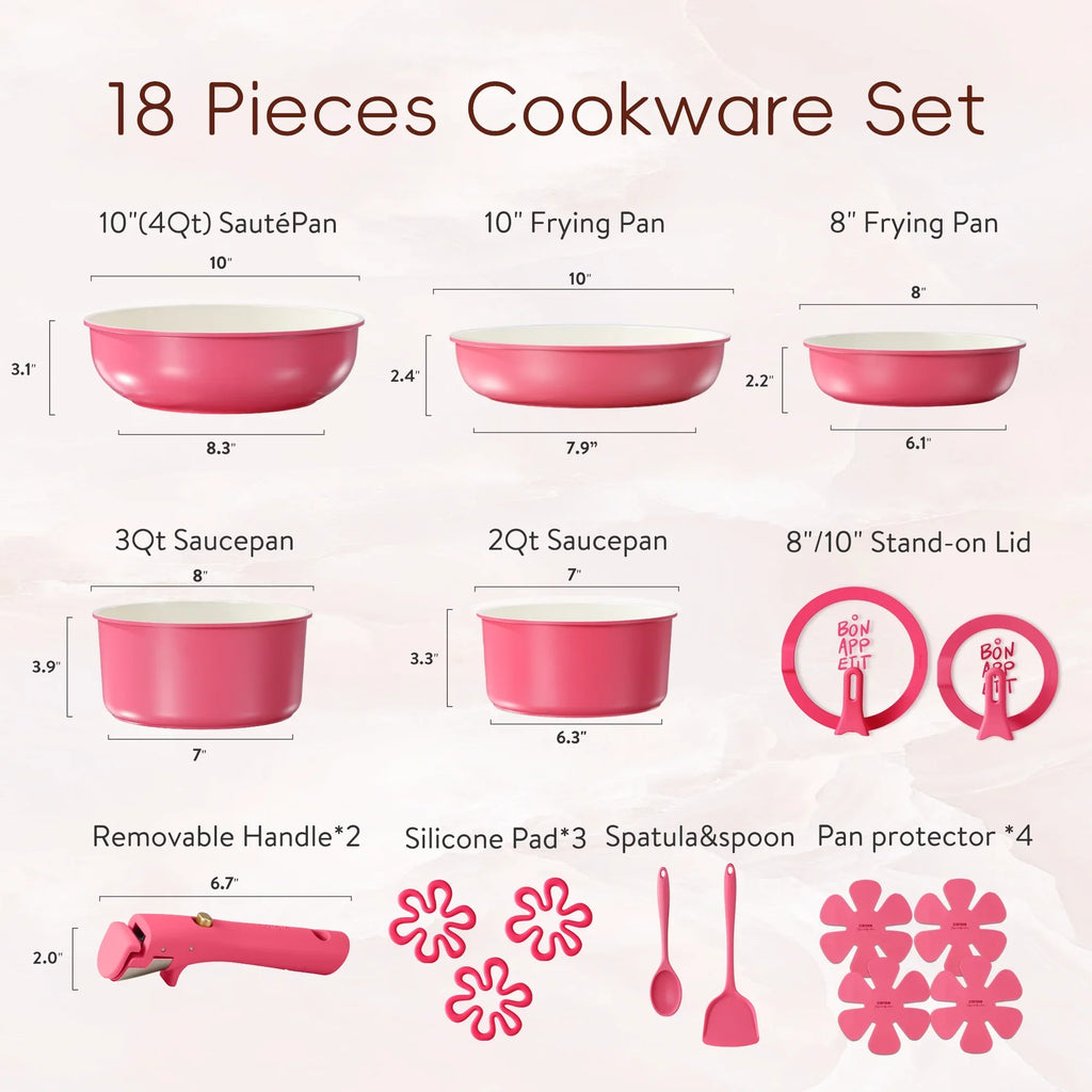 Carote 18 Pcs Ceramic Nonstick Cookware Set, Pots and Pans Set with Detachable Handles, Oven/Dishwasher Safe, Stackable Kitchen Cooking Set, White - image 9