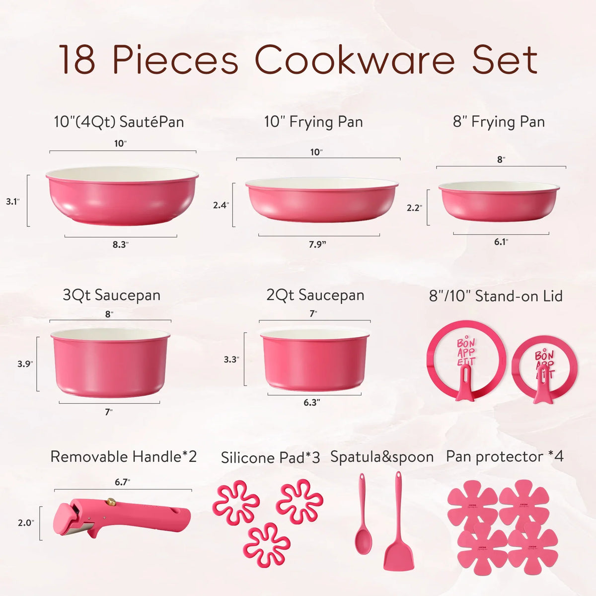 Carote 18 Pcs Ceramic Nonstick Cookware Set, Pots and Pans Set with Detachable Handles, Oven/Dishwasher Safe, Stackable Kitchen Cooking Set, White - image 9
