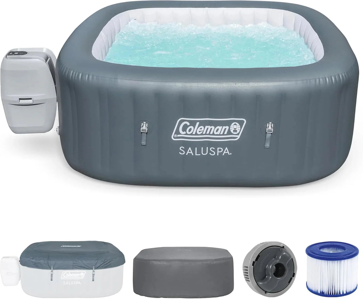 4 to 6 Person Inflatable Hot Tub Square Portable Outdoor Spa with 114 Soothing AirJets and Insulated Cover, Gray-Coleman - image 1