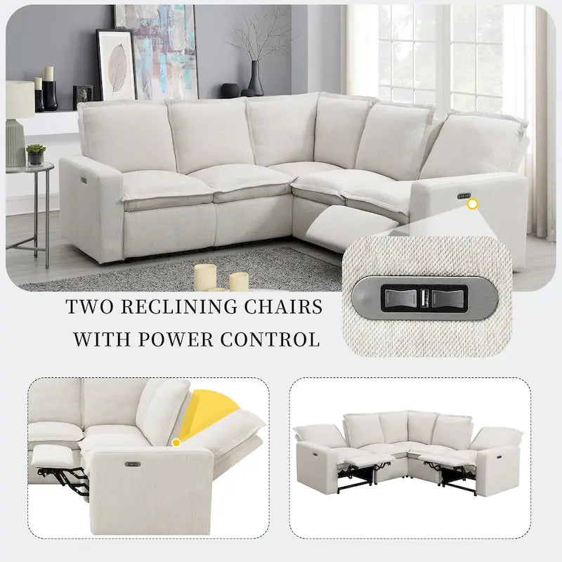 Linen Upholstered Power Recliner L-Shaped Sectional Sofa with USB Port - Soft Home Theater Seating for Living Room - image 5