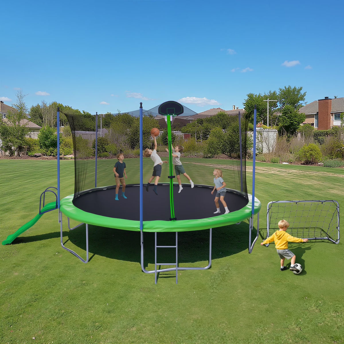 12FT Trampoline with Slide, Swings, SEGMART Recreational Trampoline with Basketball Hoop and Ladder, Heavy Duty Outdoor Backyard Trampoline with Net for Kids and Adults, Green - image 4
