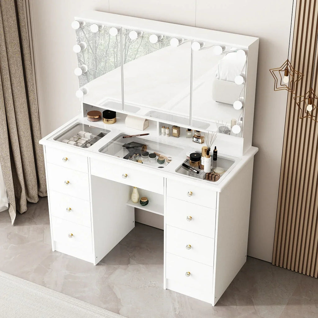 Makeup Vanity w/Tri-Fold Mirror Certified Lighting Glass Top Dresser - image 1