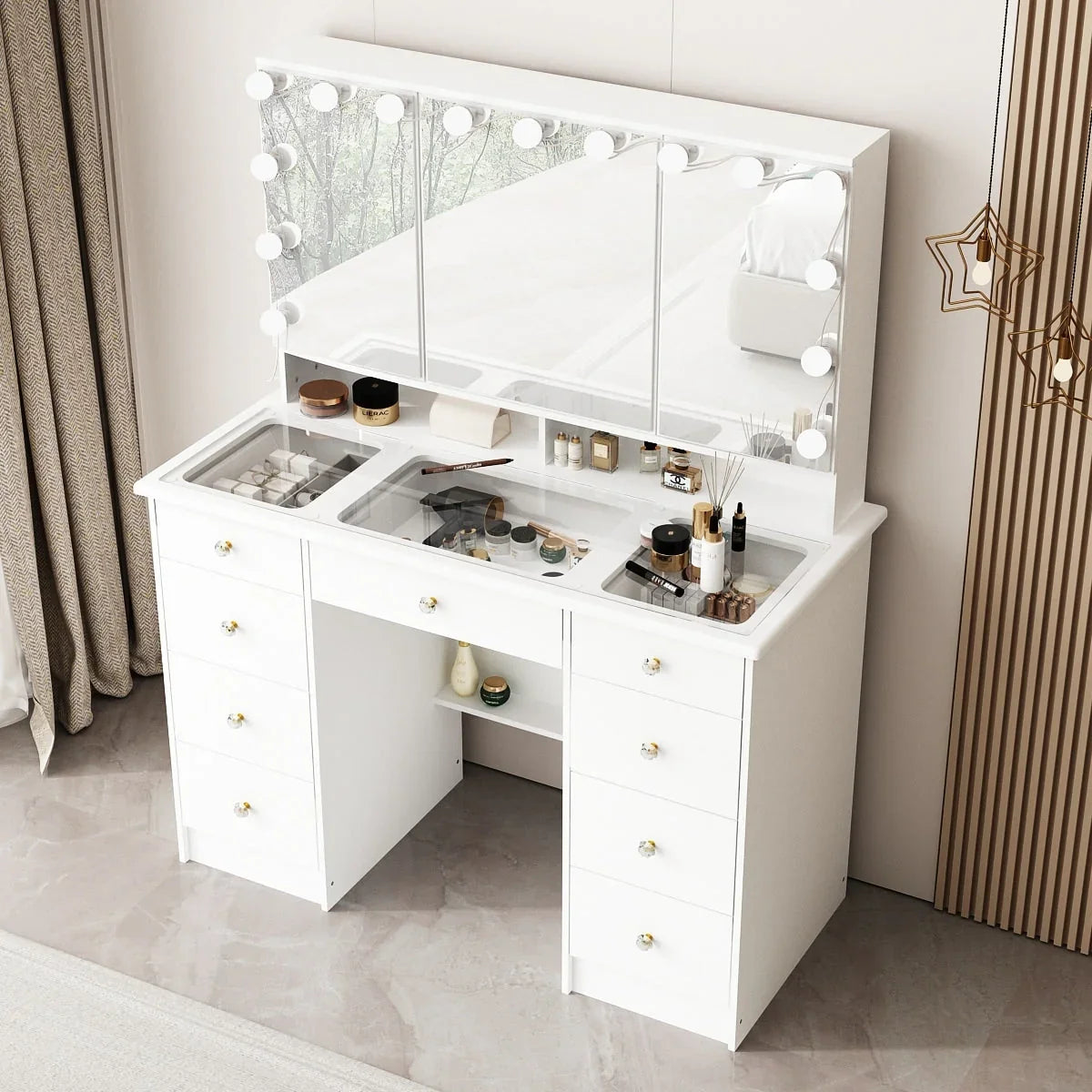 Makeup Vanity w/Tri-Fold Mirror Certified Lighting Glass Top Dresser - image 1