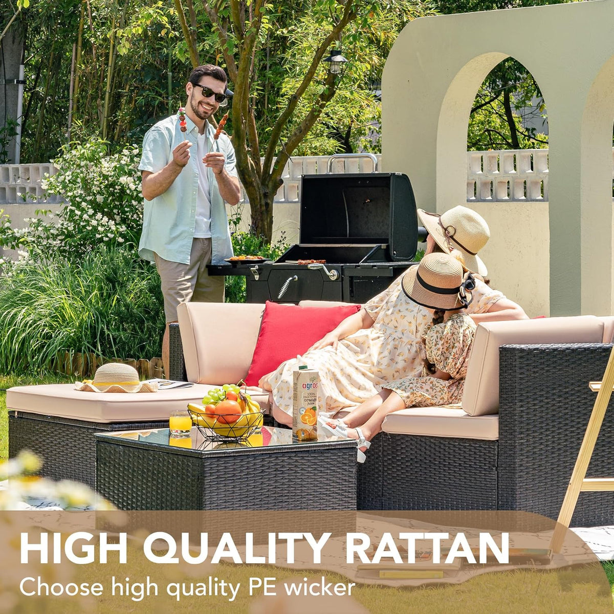 Devoko 5 Pieces Patio Furniture Sets All Weather Outdoor Sectional Patio Sofa Manual Weaving Wicker Rattan Patio Seating Sofas with Cushion and Glass Table(Beige) - image 15