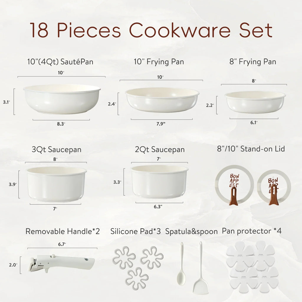 Carote 18 Pcs Ceramic Nonstick Cookware Set, Pots and Pans Set with Detachable Handles, Oven/Dishwasher Safe, Stackable Kitchen Cooking Set, White - image 2