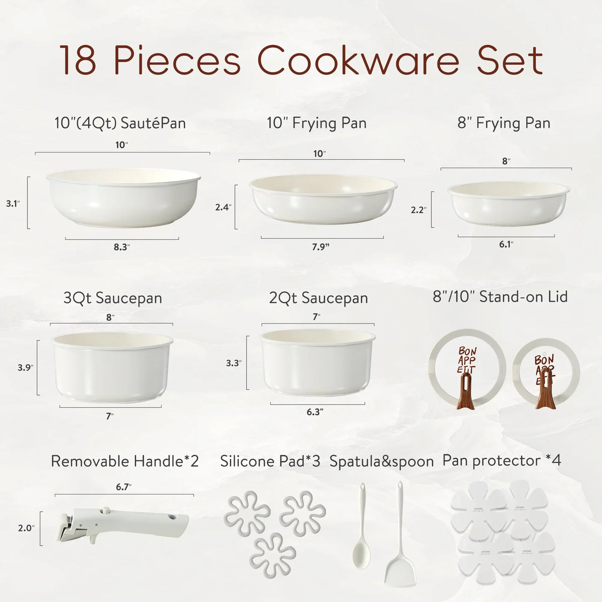 Carote 18 Pcs Ceramic Nonstick Cookware Set, Pots and Pans Set with Detachable Handles, Oven/Dishwasher Safe, Stackable Kitchen Cooking Set, White - image 2