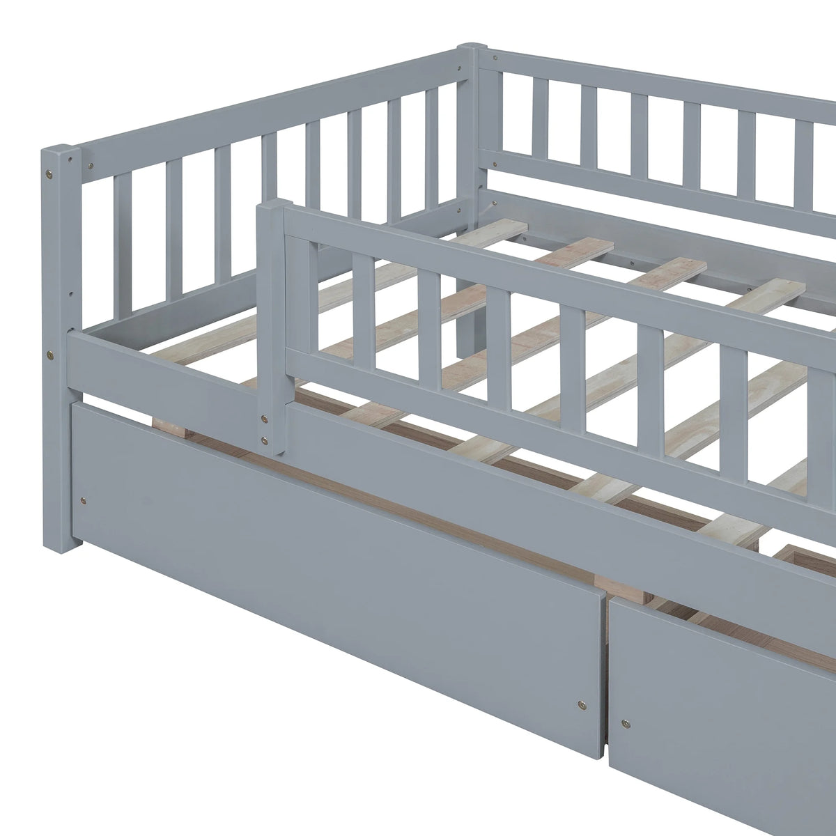 Holaki Twin Size Wood Bed with Guardrails and 2 Storage Drawers for Kids, Gray - image 9