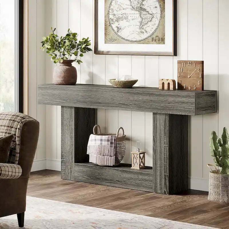 63-Inch Brown and Gray Slim Wooden Console Table for Entryway - image 26