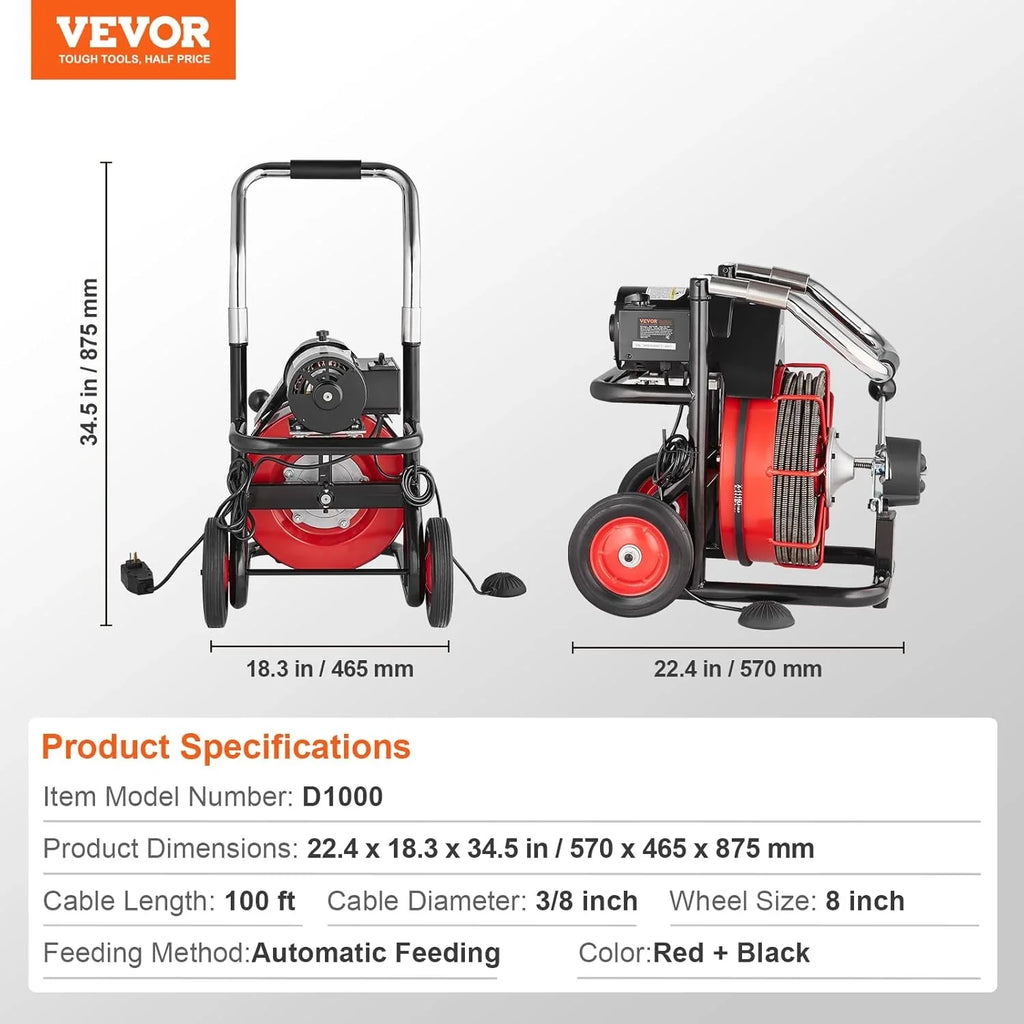 Drain Cleaner Machine 100FT x 1/2 Inch, Auto Feed Sewer Snake Auger on Wheels, 550W Portable Drain Cleaning Machine with 8 Cutters & Air-activated Foot for 2" to 4" Pipes - image 4
