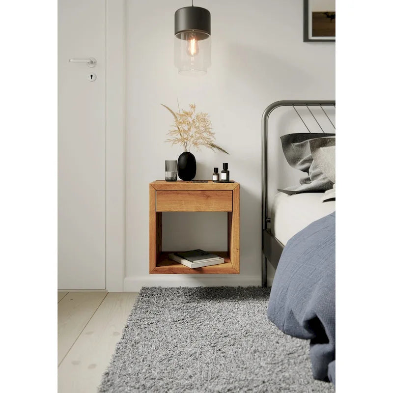 Solid Oak Scandinavian Floating Nightstand with Drawer - Stylish Bedroom Side Table - image 10
