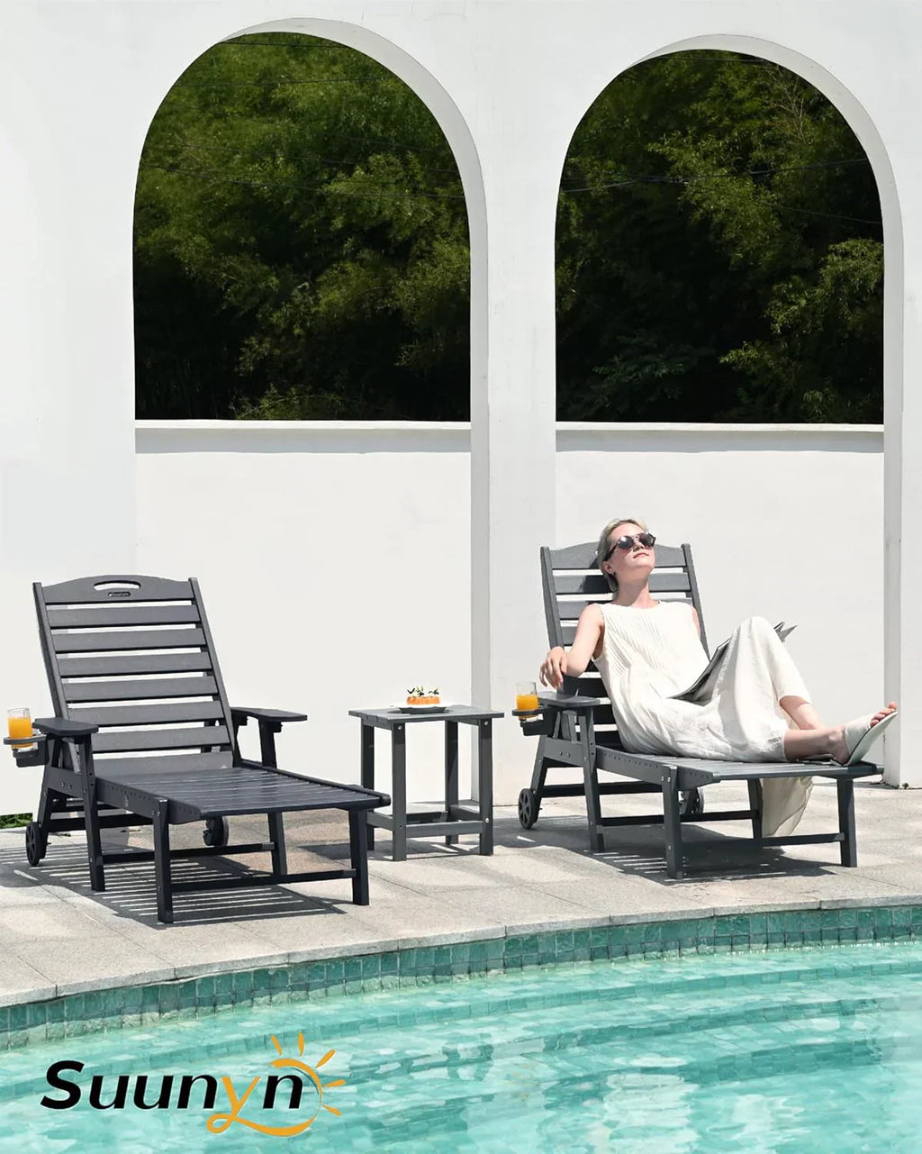 Lounge Chair Outdoor, Chaise Lounge, HDPE 6-Position Outdoor Chaise Lounge, Patio Lounge Chair with Wheels & Cup Holder for Pool Poolside Deck Backyard, Teak - image 45