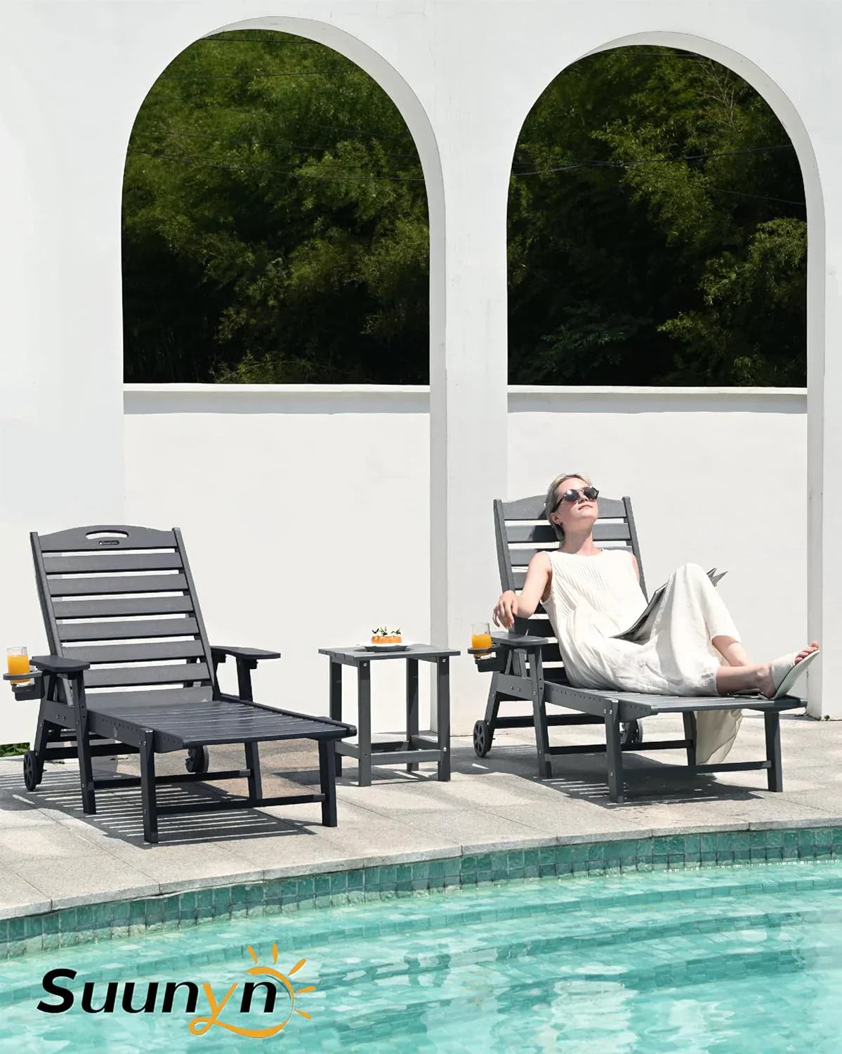 Lounge Chair Outdoor, Chaise Lounge, HDPE 6-Position Outdoor Chaise Lounge, Patio Lounge Chair with Wheels & Cup Holder for Pool Poolside Deck Backyard, Teak - image 45
