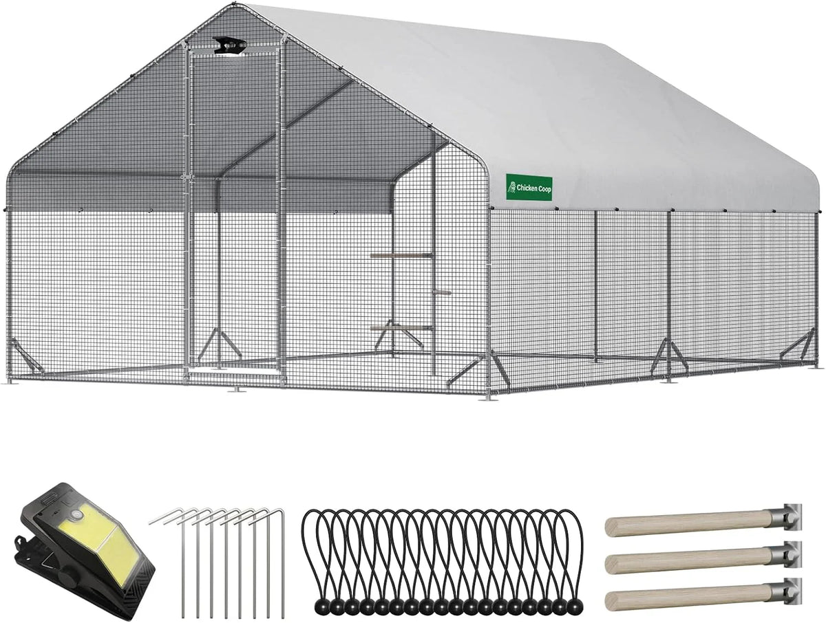 Large Walk-in Metal Chicken Coop with Run, Solar Light, UV Cover - image 1