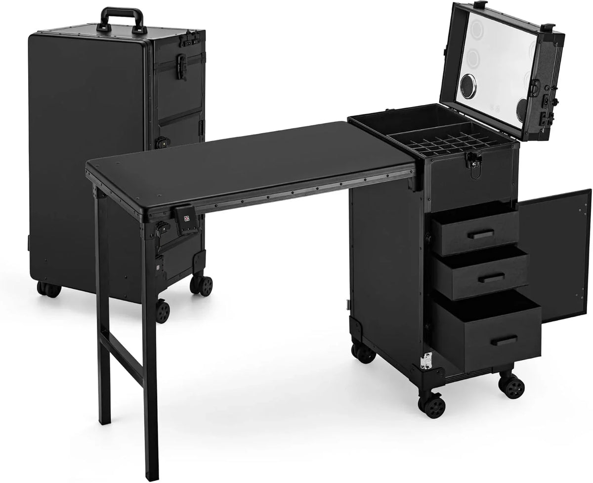 Rolling Manicure Table with Drawers, Bluetooth Speaker, LED Mirror, TSA Lock - image 1