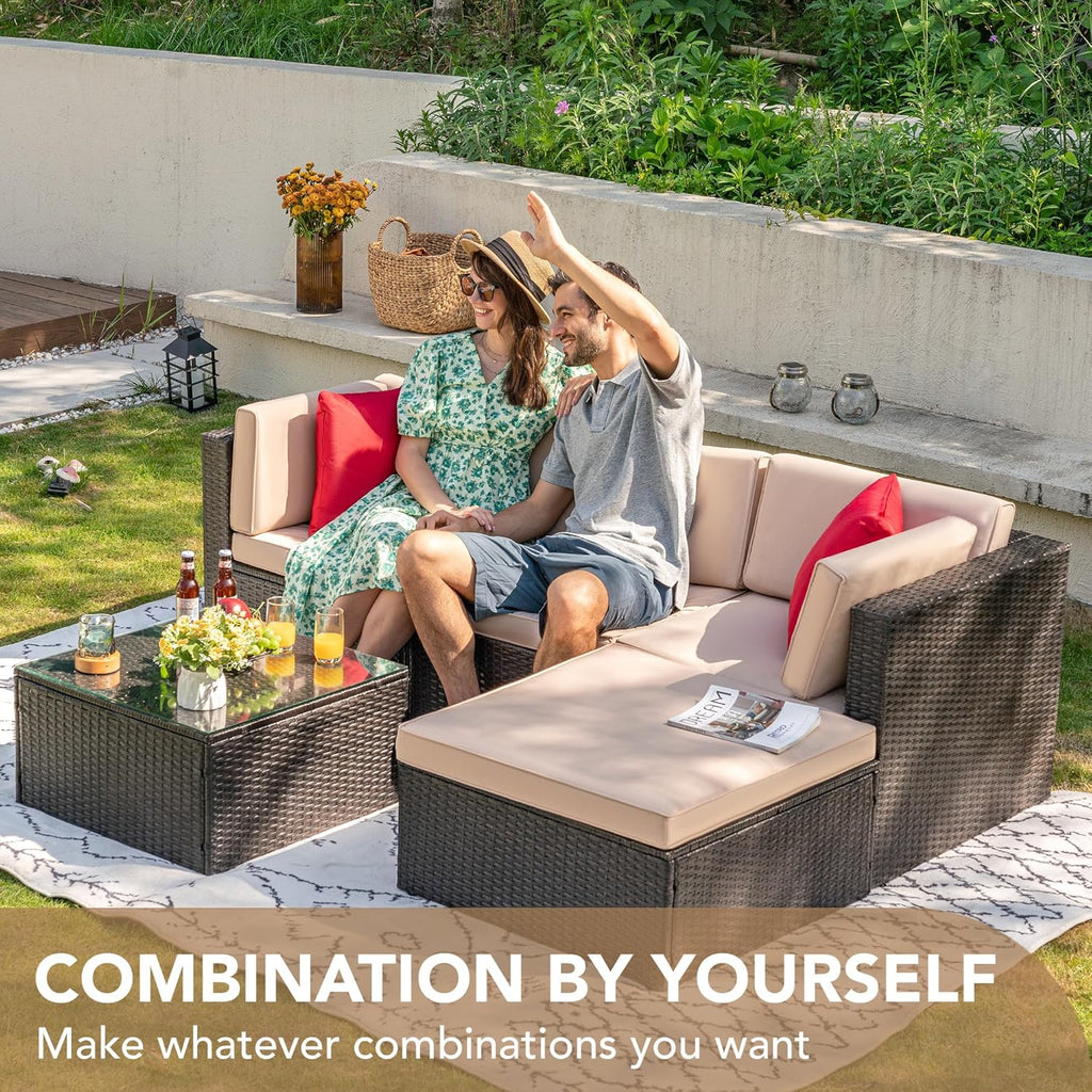 Devoko 5 Pieces Patio Furniture Sets All Weather Outdoor Sectional Patio Sofa Manual Weaving Wicker Rattan Patio Seating Sofas with Cushion and Glass Table(Beige) - image 5
