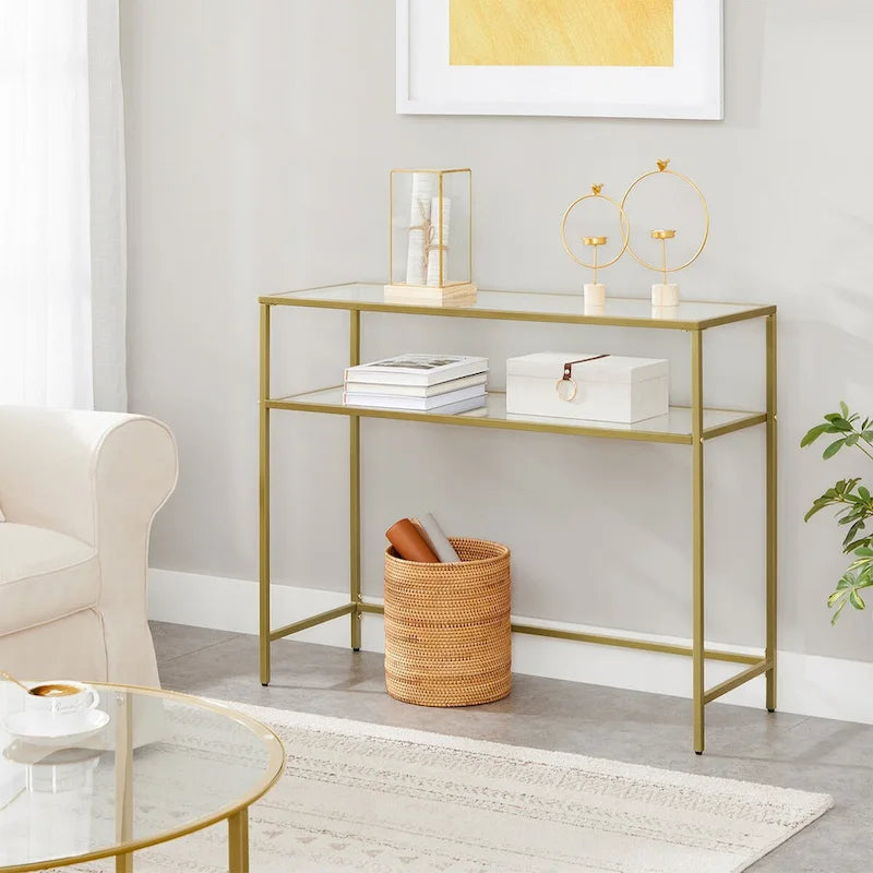 Elegant Gold Tempered Glass Console Table with Metal Frame and Dual Shelves - 39.4L x 13.8W x 31.5H - image 3