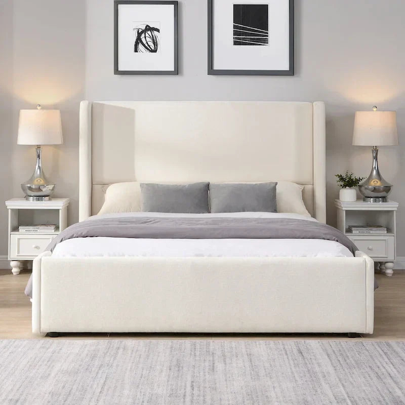 Isabella Queen White Upholstered Bed with Tall Wingback Headboard by Christopher Knight Home - image 3