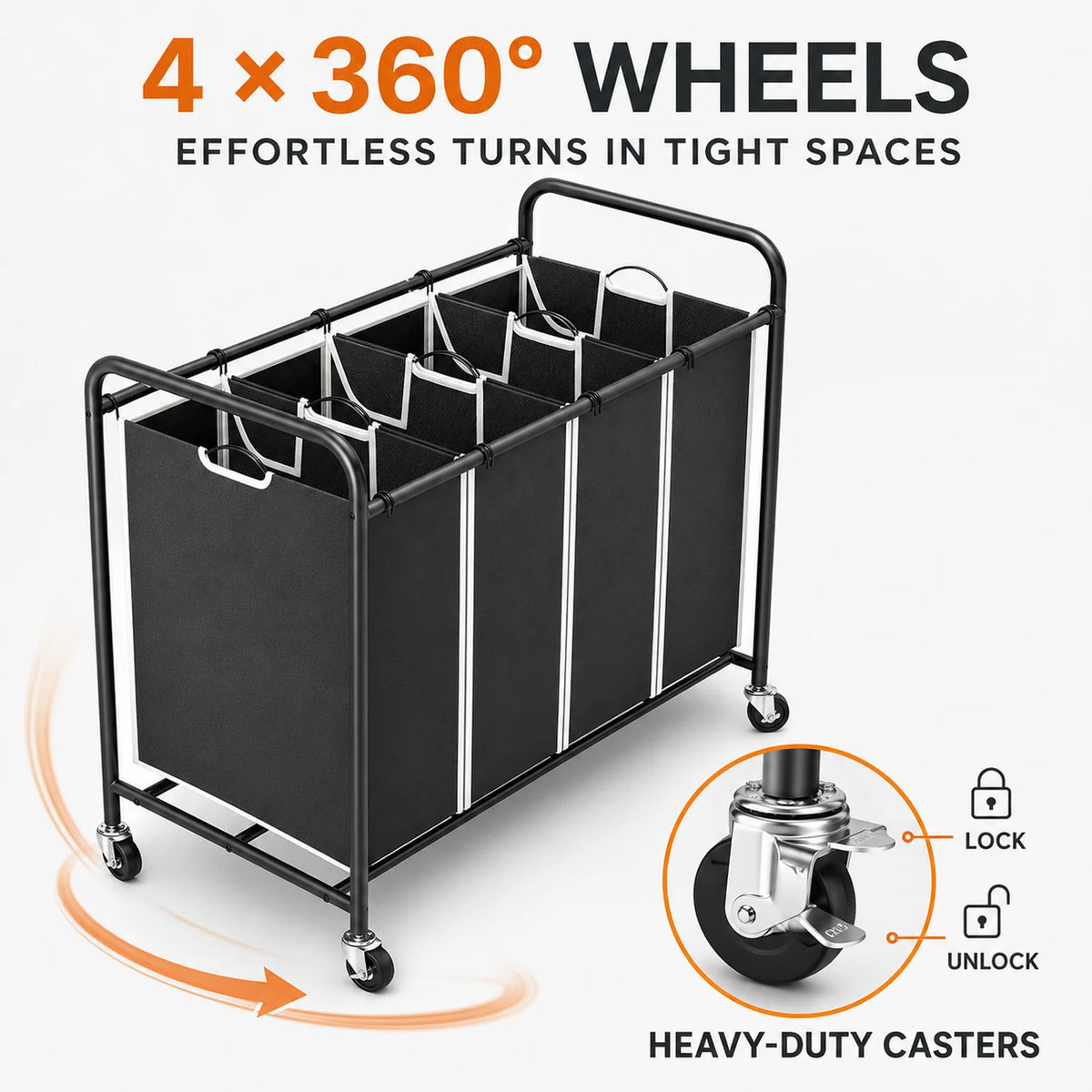 4-Bag Rolling Laundry Sorter Cart, 180L Oxford Fabric Hamper with Removable Bags, Locking Wheels, 100 lb Capacity, Black - image 4