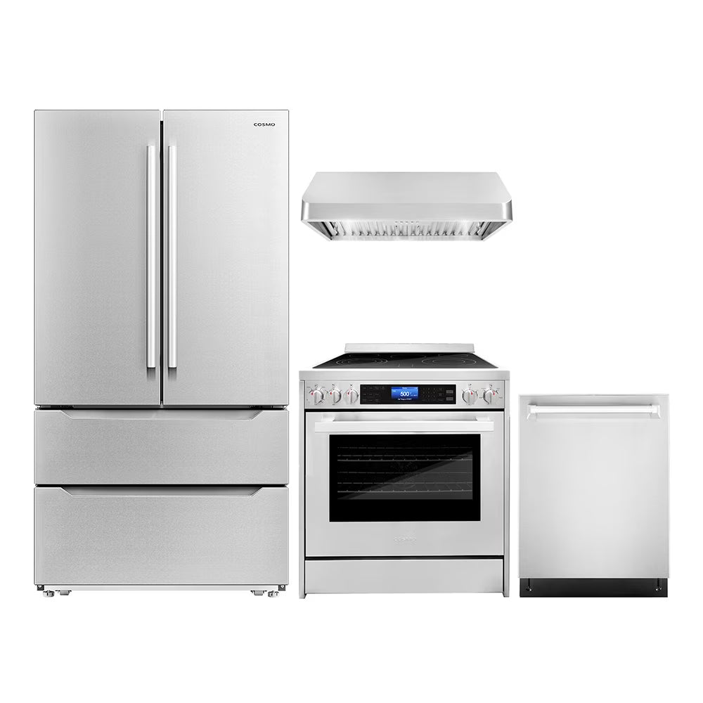 Cosmo 4 Piece Kitchen Appliance Package with 30" Freestanding Electric Range 30" Under Cabinet Range Hood 24" Built-in Integrated Dishwasher & French Door Refrigerator Kitchen Appliance Bundles - image 1
