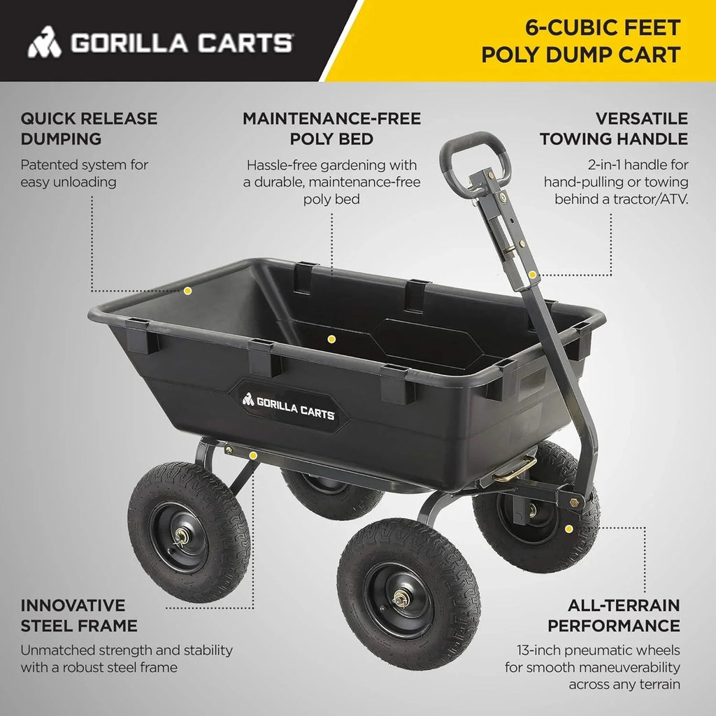 Heavy Duty Poly Utility Dump Wagon Garden Cart w/Pneumatic Tires, 6 Cu Ft - 1200 lb Capacity Outdoor Wheelbarrow for Yard, Landscaping & Gardening, Lawn Tractor or ATV Towable-Gorilla Carts - image 9