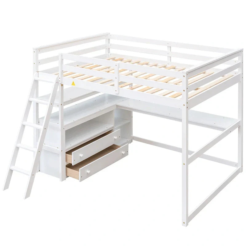 Gray Full-Size Loft Bed with Desk, Shelves, and Two Built-In Drawers - image 3