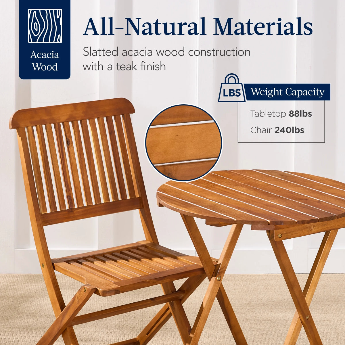 Best Choice Products 3-Piece Acacia Wood Bistro Set, Folding Patio Furniture w/ 2 Chairs, Table - Natural - image 8