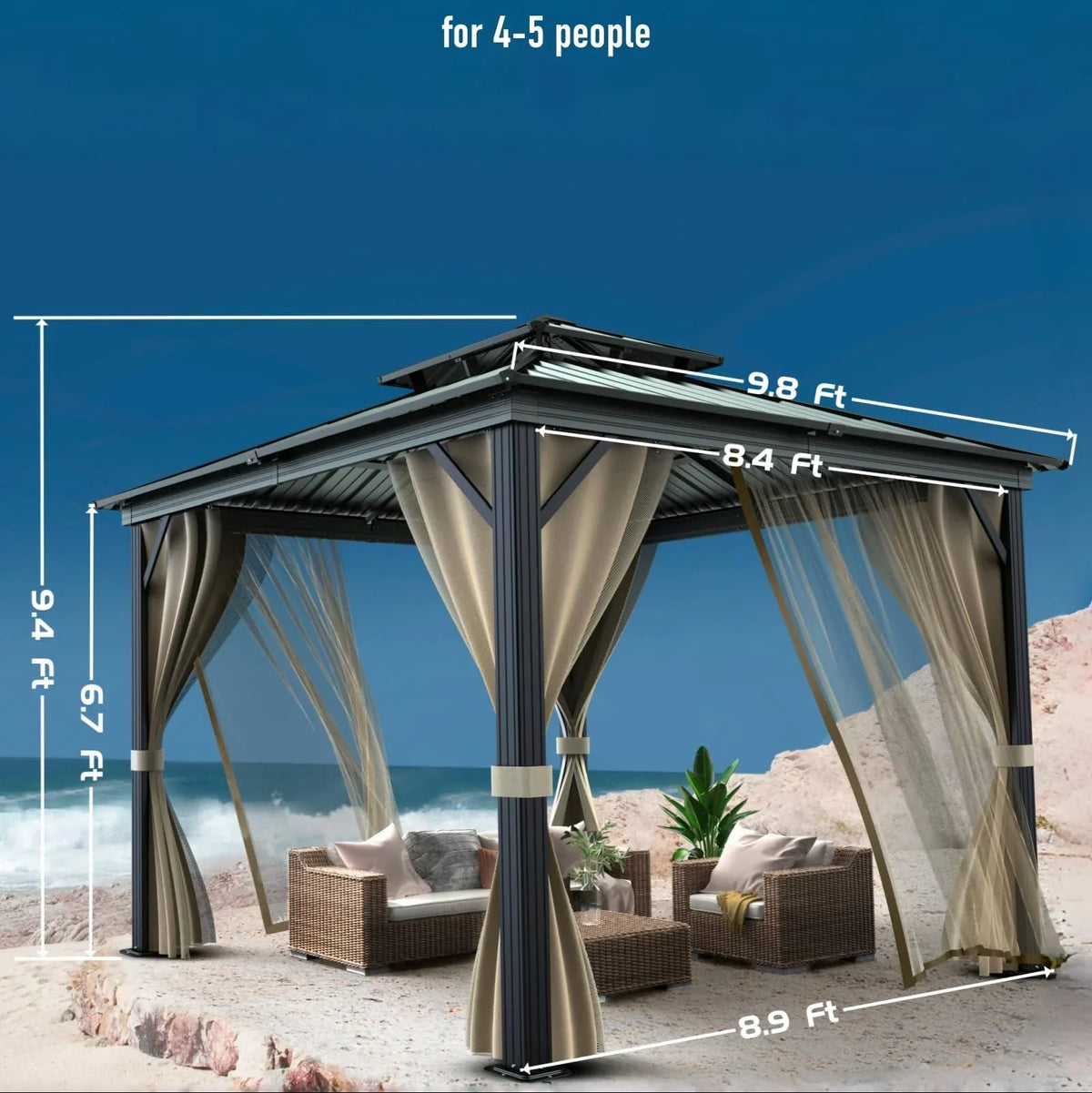 10x10 Hardtop Gazebo with double metal roof, aluminum frame, net, and curtain. All-weather, ideal for patio, deck, garden, backyard. Khaki. - image 12