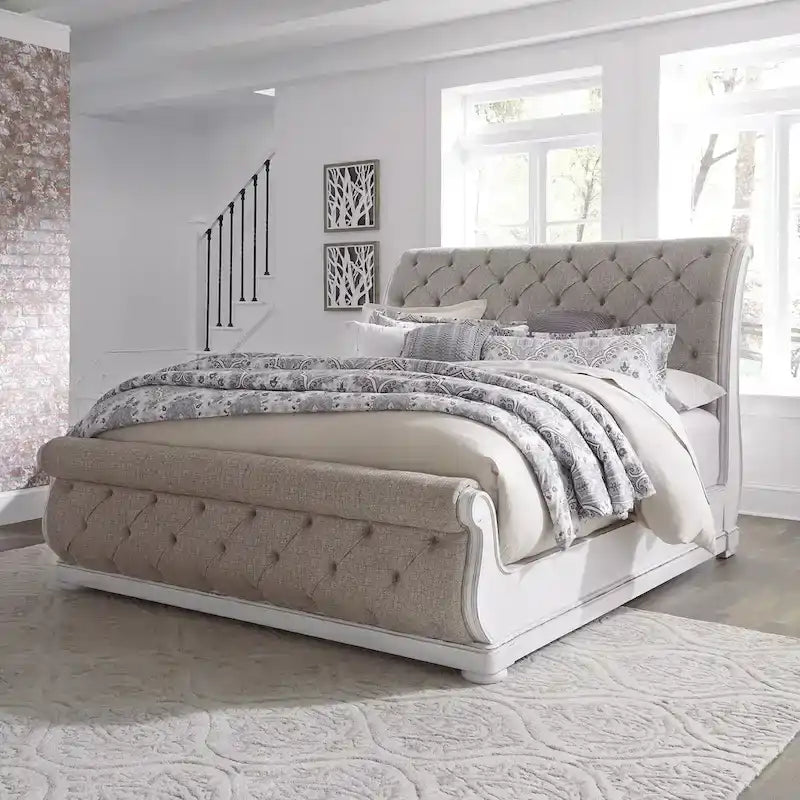 Antique White King Sleigh Bed with Upholstered Design from Magnolia Manor - image 1