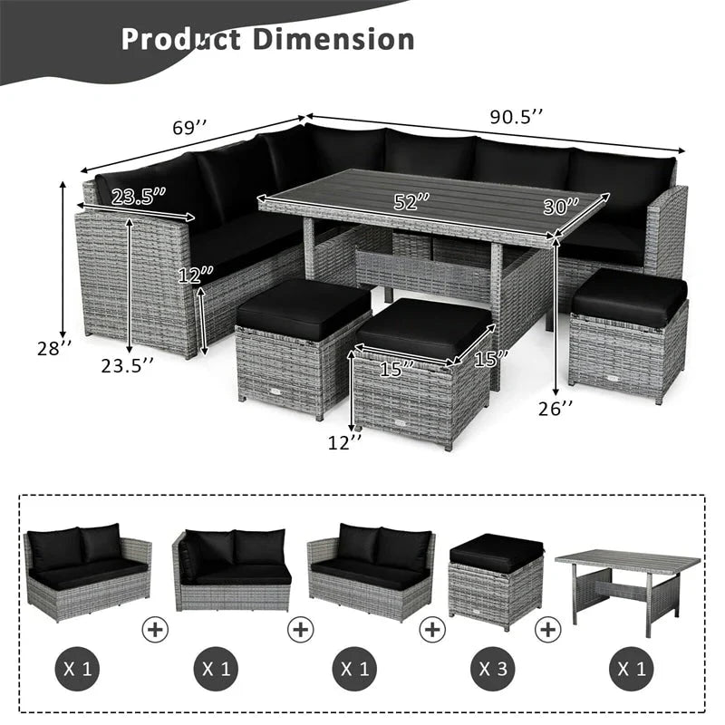 7 Pcs Rattan Patio Dining Furniture Sectional Sofa Set with Dining Table, Ottomans & Cushions - image 65
