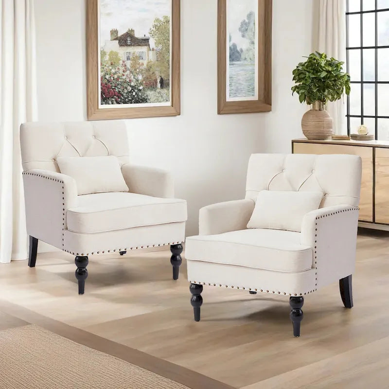 Set of 2 Arm Chair Upholstered Button Tufted Accent Chair with Lumbar Pillow Beige/ Grey/ Light Blue - image 23