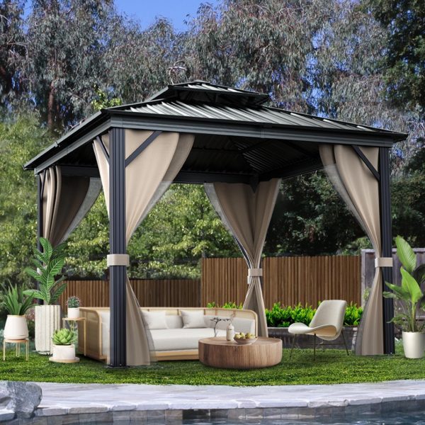 10x10 Hardtop Gazebo with double metal roof, aluminum frame, net, and curtain. All-weather, ideal for patio, deck, garden, backyard. Khaki. - image 2