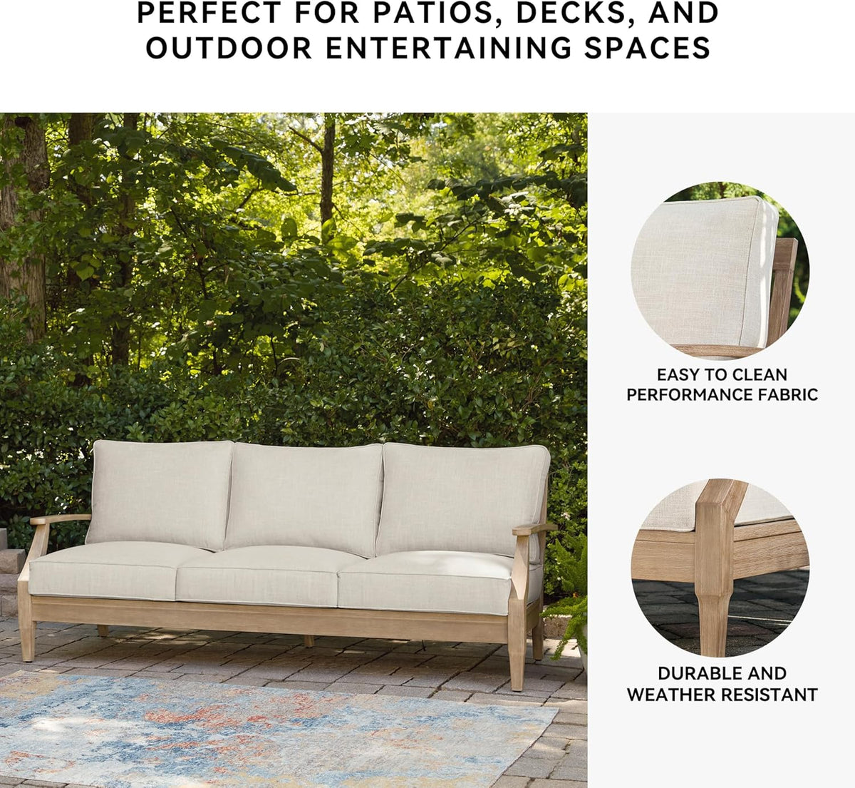 Signature Design by Ashley Clare View Coastal Outdoor Patio Eucalyptus Sofa with Cushions, Beige - image 67