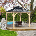 10 x 10 FT Outdoor Patio Hardtop Gazebo with Wood Frame & 2-Tier Metal Roof, All-Weather Gazebo Pergolas Shelter - image 7