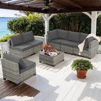 Ainfox 7 Pcs Outdoor Patio Furniture Sofa Set on Sale, Grey Rattan Grey Cushion - image 1