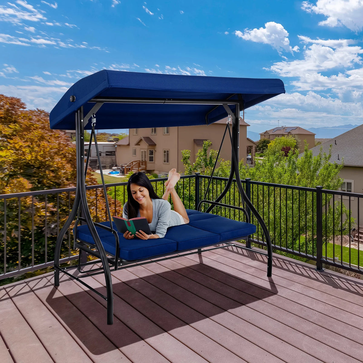 Pirecart 3 Person Patio Porch Swing Outdoor Converting Swing Glider Hammock with Adjustable Canopy, Cushions, Red - image 36