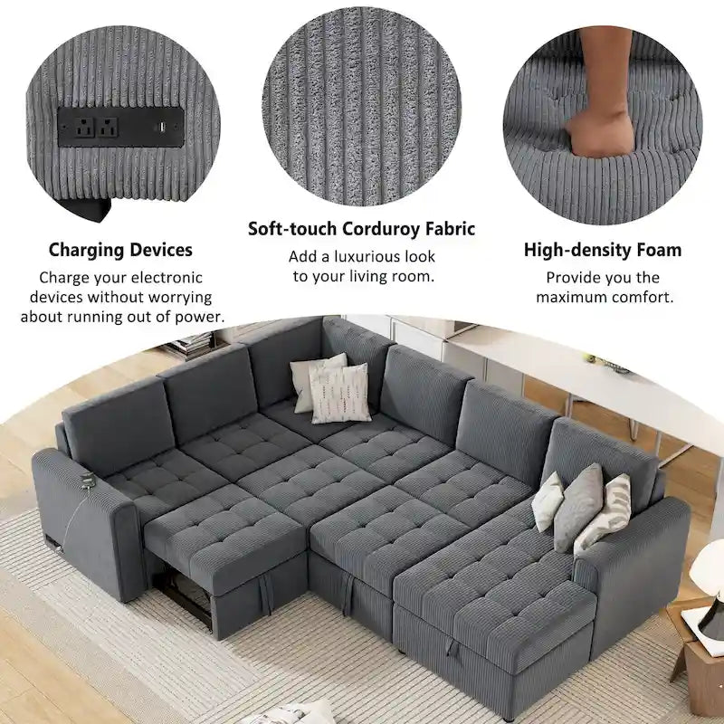 Roomfitters U-Shaped Sectional Sofa with Pull-Out Bed, Storage Chaise Lounge, and Integrated Charging Ports for Living Room - image 9