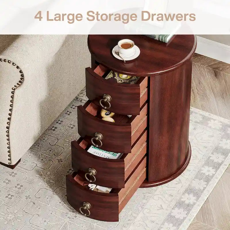 No Assembly Solid Wood End Table, Vintage Round Side Drawers Table - image 8