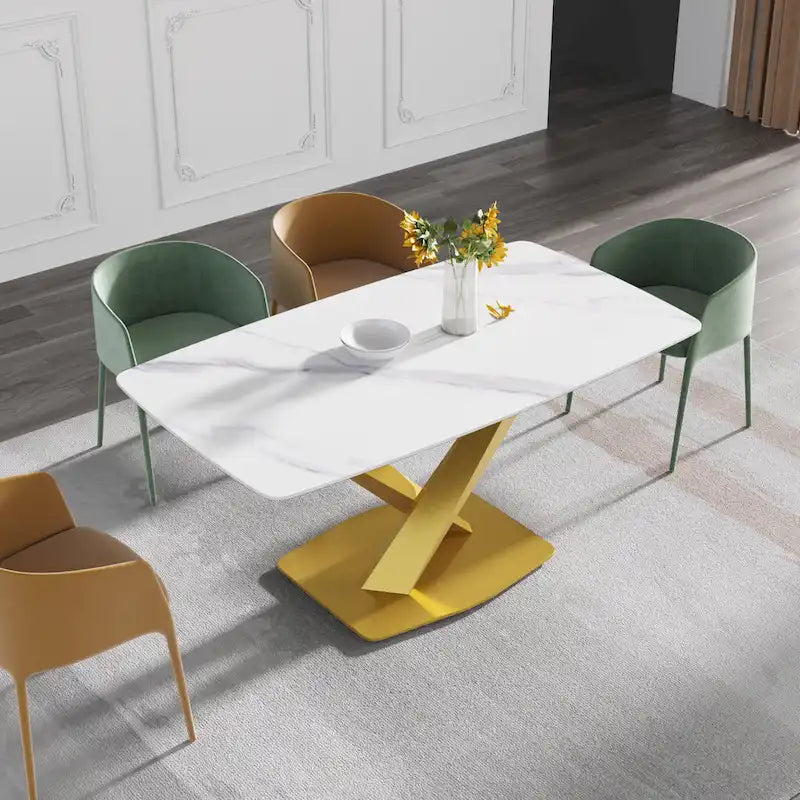63-Inch Contemporary Dining Table with Slate Stone Surface and Metal Legs, Marble Finish - image 18