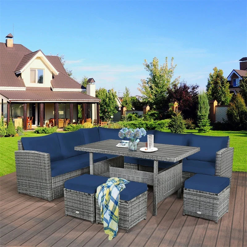 7 Pcs Rattan Patio Dining Furniture Sectional Sofa Set with Dining Table, Ottomans & Cushions - image 26