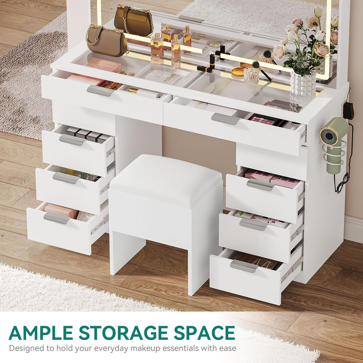 Vanity Set with LED Mirror, 10 Drawers, Stool Included - image 4